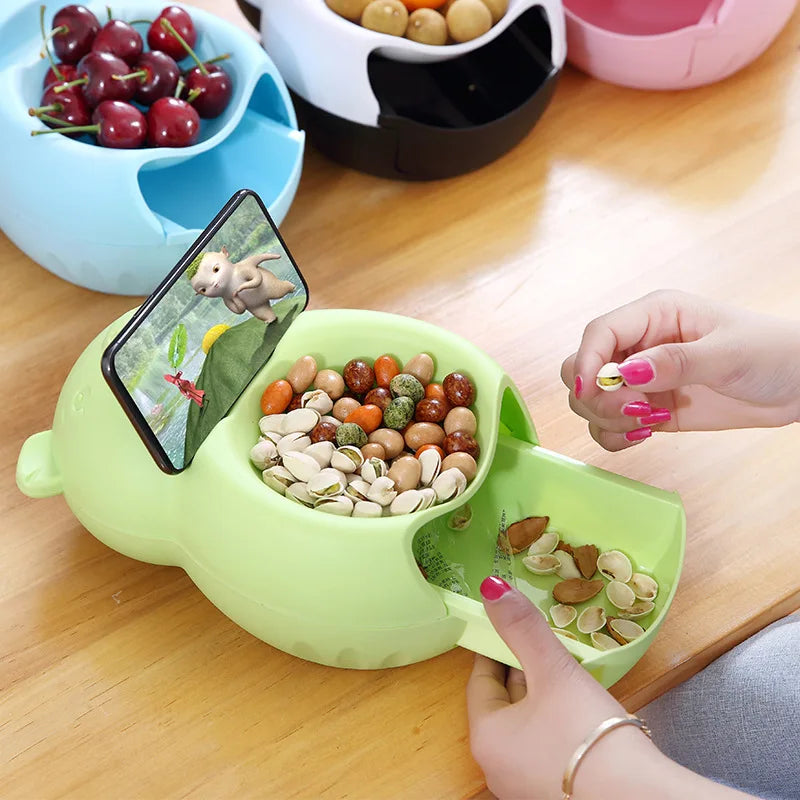Modern Double-Layer Snack Bowl with Phone Holder – Lazy Fruit & Snack Dish for Living Room