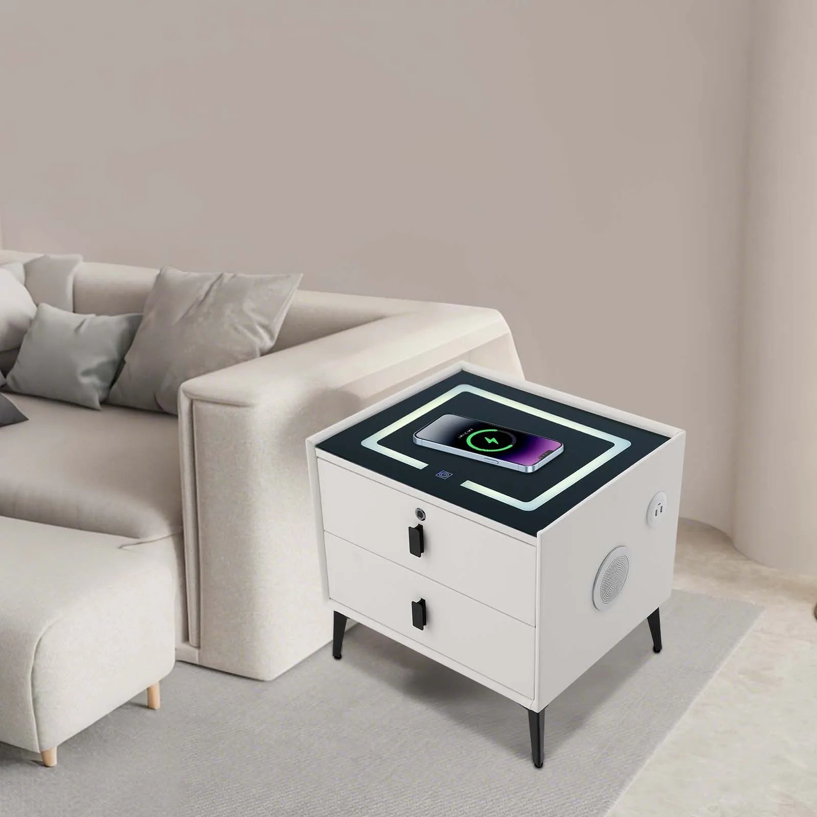 Bedside Table with Drawers, Bluetooth Speaker Smart Bedside Table with Light Usb& Wireless Charging
