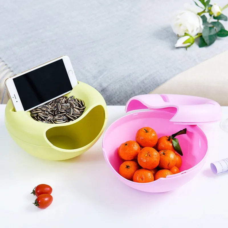 Modern Double-Layer Snack Bowl with Phone Holder – Lazy Fruit & Snack Dish for Living Room