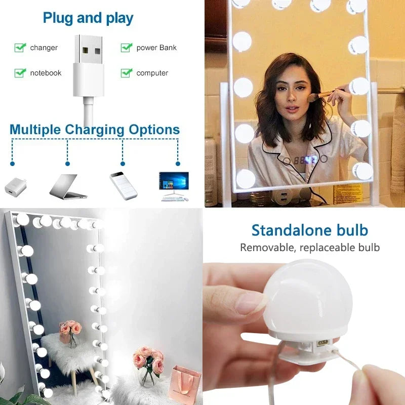 USB LED Vanity Mirror Light Bulbs – Dimmable Makeup Mirror Lights with 3 Color Modes