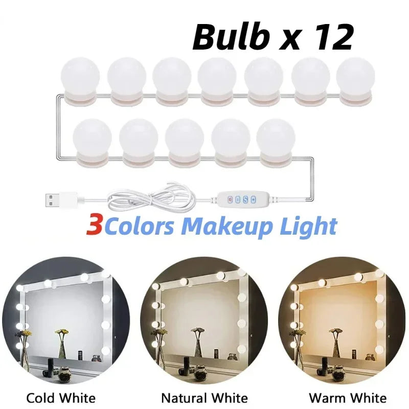 USB LED Vanity Mirror Light Bulbs – Dimmable Makeup Mirror Lights with 3 Color Modes