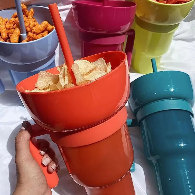 1000ml Popcorn & Beverage Stadium Tumbler – 2-in-1 Snack and Drink Cup with Straw