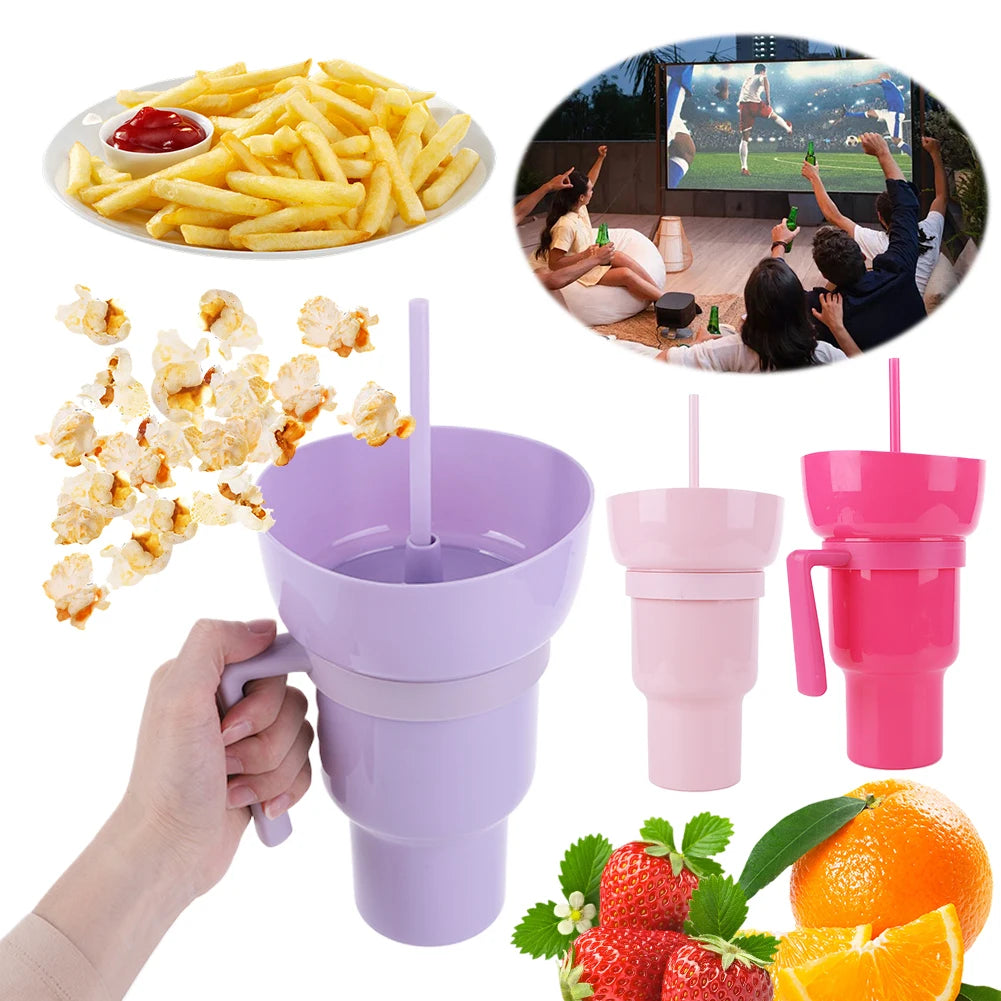 1000ml Popcorn & Beverage Stadium Tumbler – 2-in-1 Snack and Drink Cup with Straw