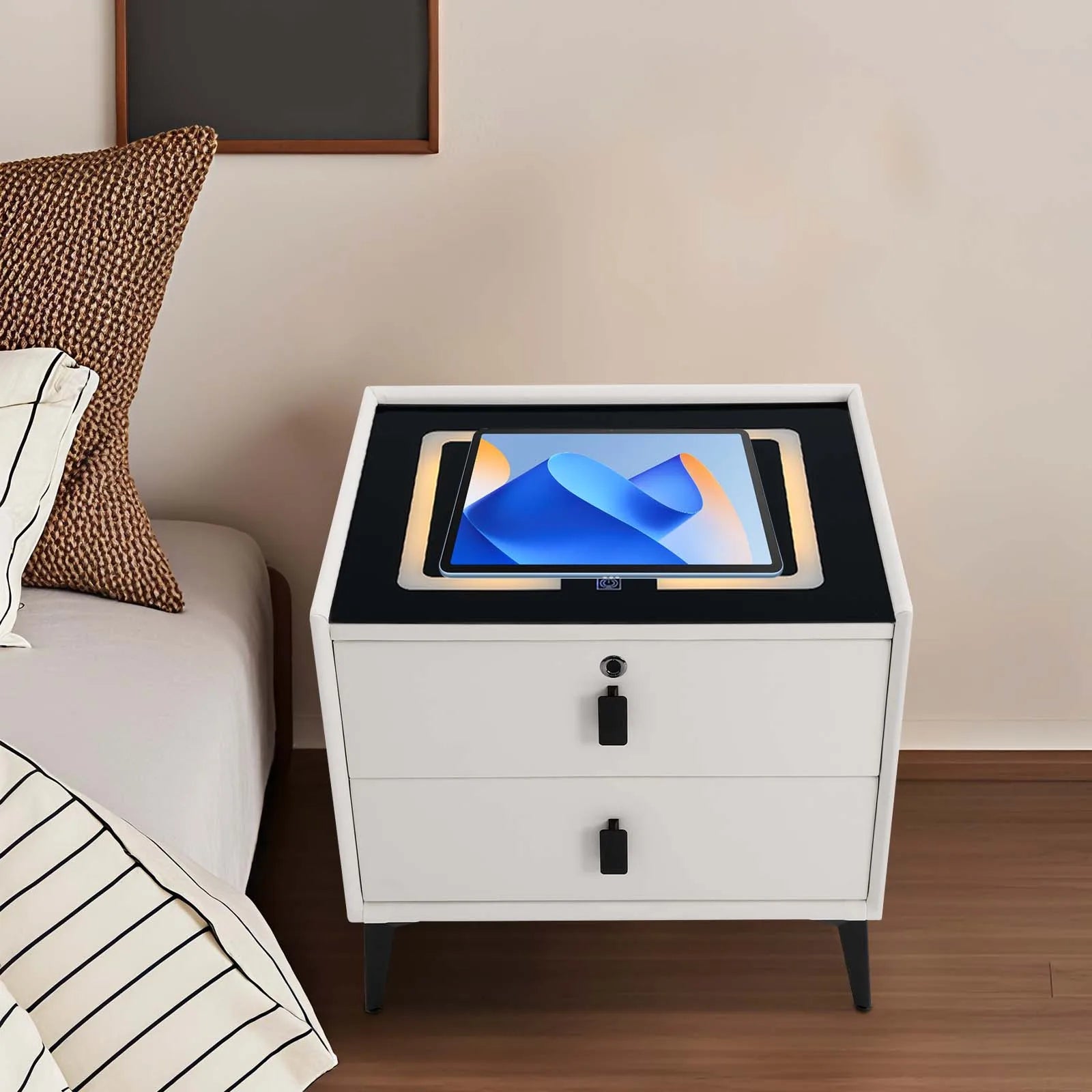 Bedside Table with Drawers, Bluetooth Speaker Smart Bedside Table with Light Usb& Wireless Charging