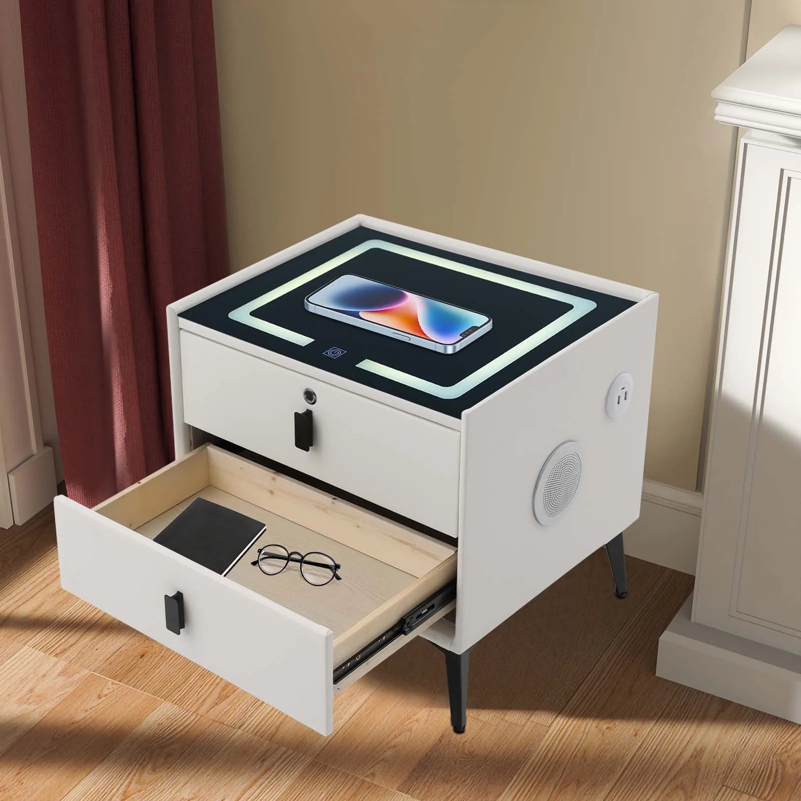 Bedside Table with Drawers, Bluetooth Speaker Smart Bedside Table with Light Usb& Wireless Charging