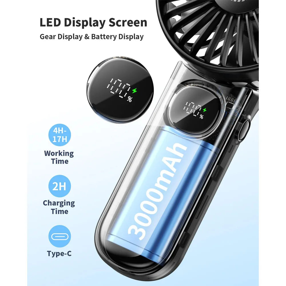Foldable Handheld Fan – LED Display, 5-Speed Portable Fan with 3000mAh Battery