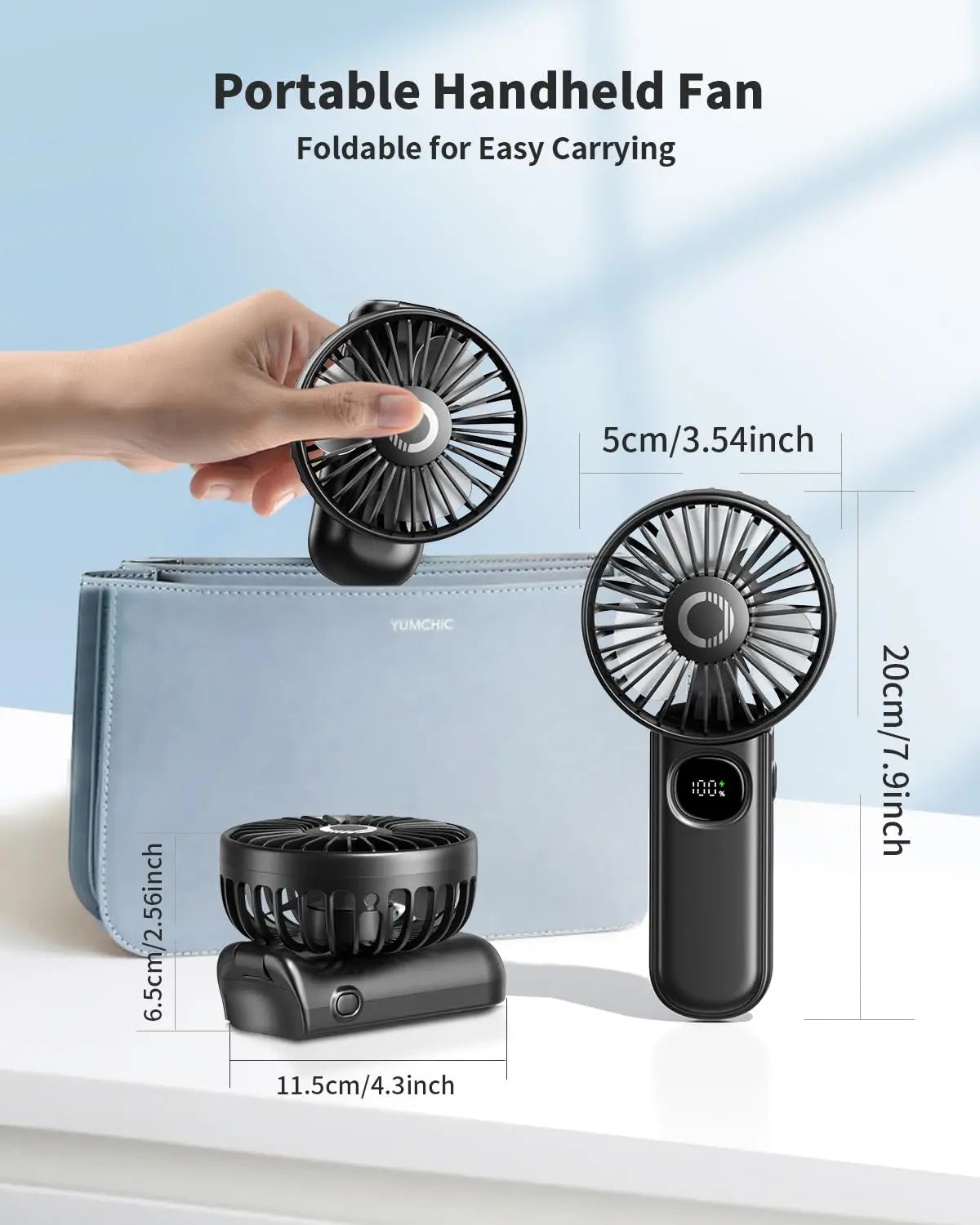 Foldable Handheld Fan – LED Display, 5-Speed Portable Fan with 3000mAh Battery