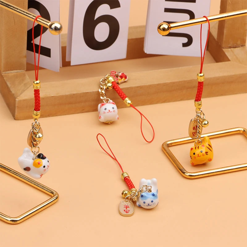 Lucky Cat Pendant Phone Lanyard Creative Lucky Nafu Wealth Ceramic Beaded Phone Chain Mobile Phone Strap Keycord