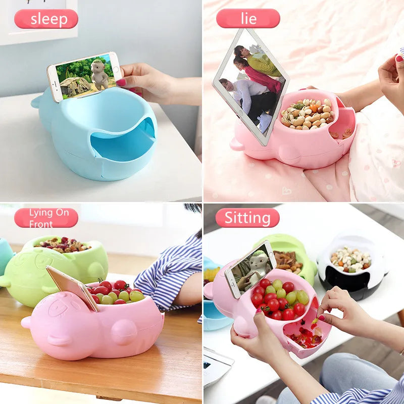 Modern Double-Layer Snack Bowl with Phone Holder – Lazy Fruit & Snack Dish for Living Room