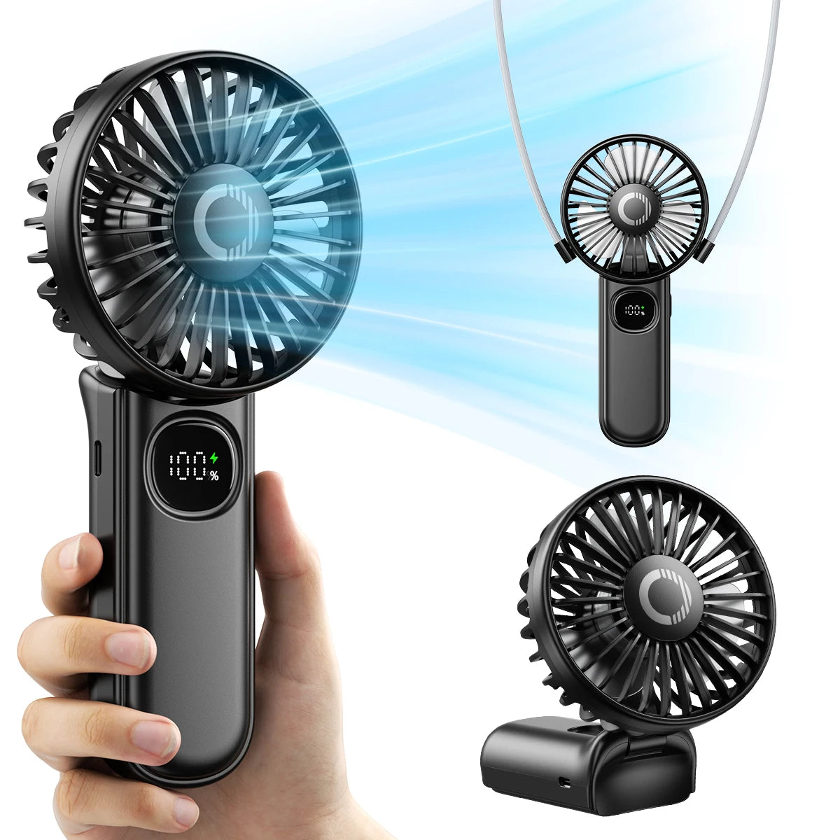 Foldable Handheld Fan – LED Display, 5-Speed Portable Fan with 3000mAh Battery