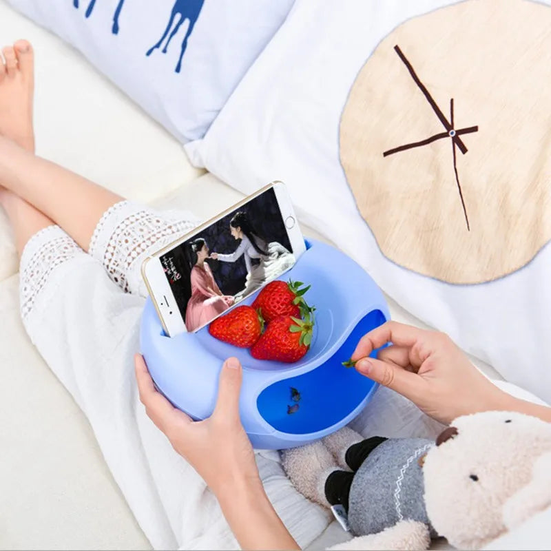 Modern Double-Layer Snack Bowl with Phone Holder – Lazy Fruit & Snack Dish for Living Room