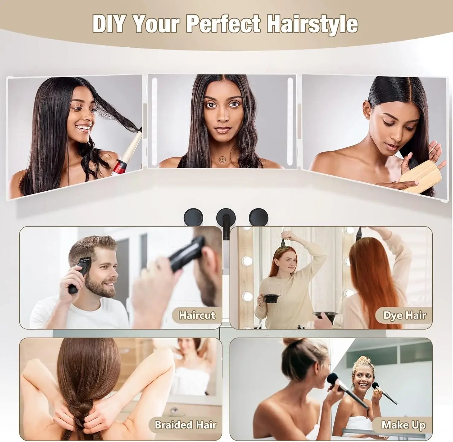 Rechargeable 3-Way LED Mirror – 360° Adjustable Self Haircut Mirror with Lights
