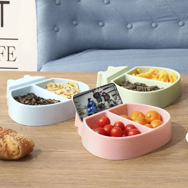 Modern Double-Layer Snack Bowl with Phone Holder – Lazy Fruit & Snack Dish for Living Room