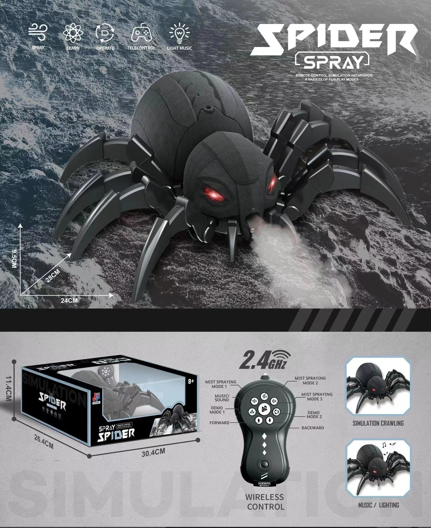 RC Spider Robot Toy – Remote-Controlled Spider with Mist Spray, Lights & Music